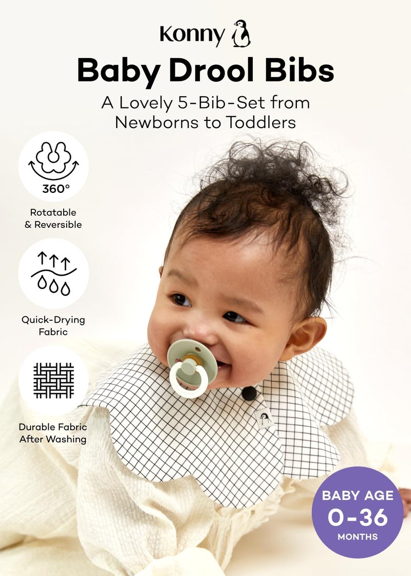 Konny Baby Bibs 5-Pack, 360 ° Rotate, New Year Gifts, Soft and Absorbent Bandana Drooling for Boys Girls baby Essentials(Set 6 - Black, Charcoal, Grid, Navy Gingham, Blue Dot) - Image 2
